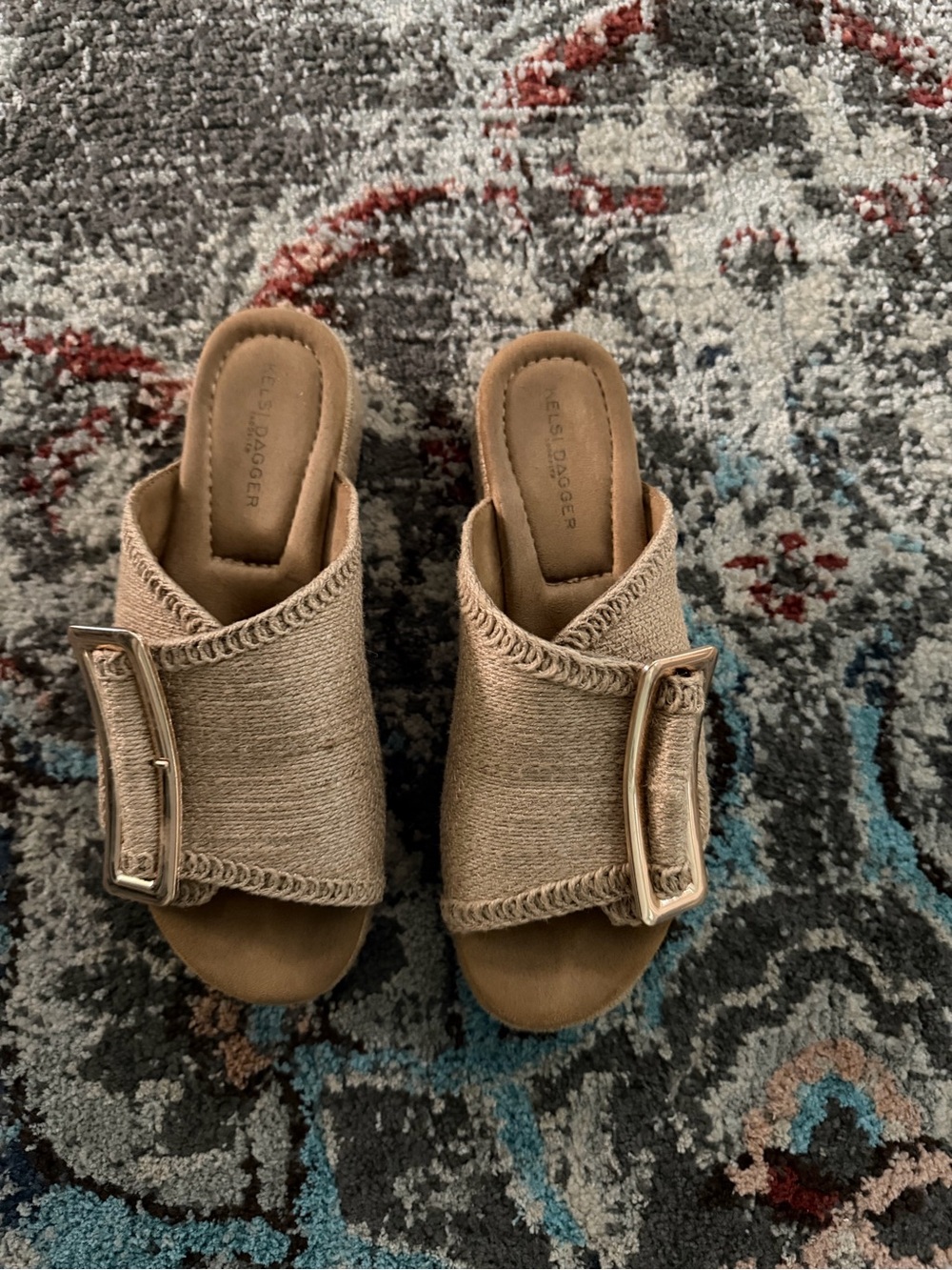 Kelsi Dagger Tan Slide Sandals with Decorative Buckle